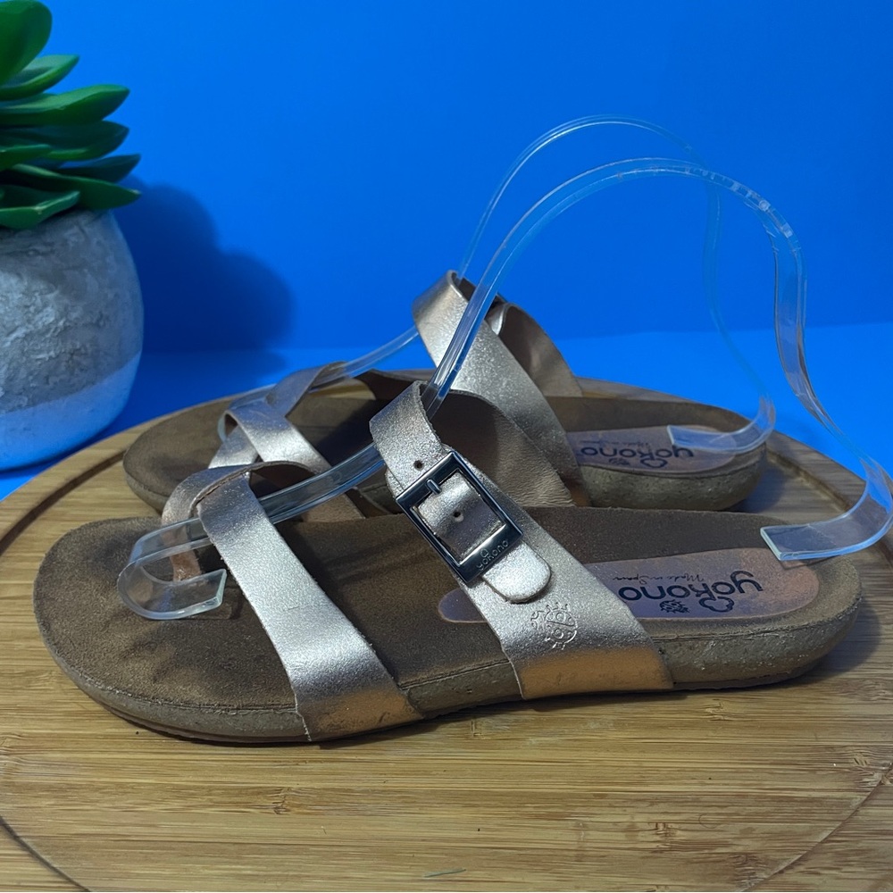 Yokono Silver Leather Slide Sandals Metallic Slip-On Buckle Strap Flats Size 7.5